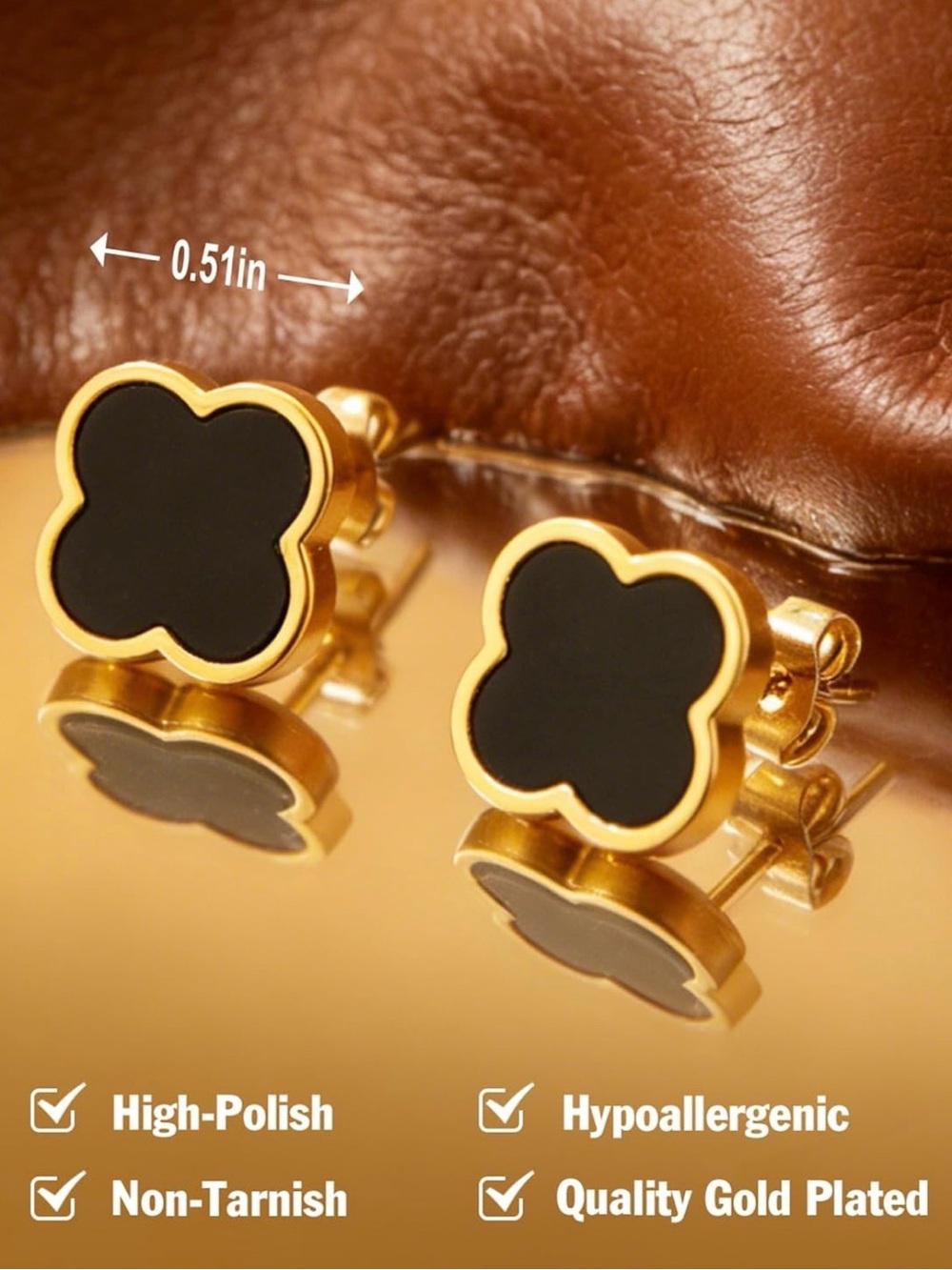 18k Gold Plated Black four leaf Clover Stud Earrings - Women earrings